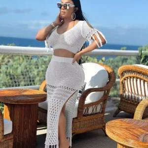 Womens Sexy 2 Pieces Solid Color Knitted Crochet Hollow Tassel Split Dress Set Beach Dress