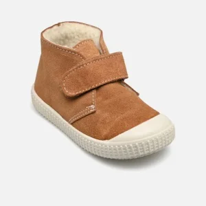 Victoria : chaussures montantes Camel fourrées à scratch en daim camel