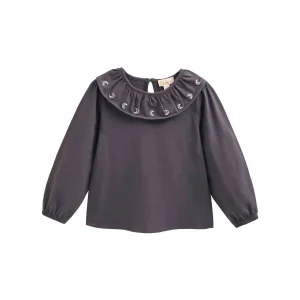 T-shirt gris foncé pour fille avec col volanté et broderie
