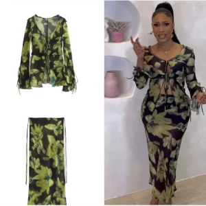 ZARA Tulle Printed Skirt in Green Sz